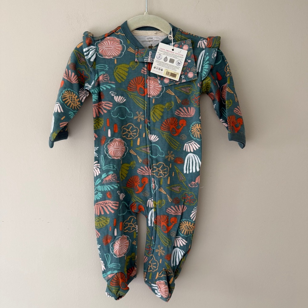 Apple Park Organic Cotton Zipper Footie Floral Teal Ruffle Sleeper 3-6M TP0040